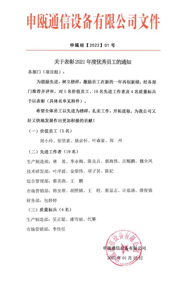 2021年度申瓯通信优秀员工表彰大会文件通知 2021年度申瓯通信优秀员工表彰大会文件通知