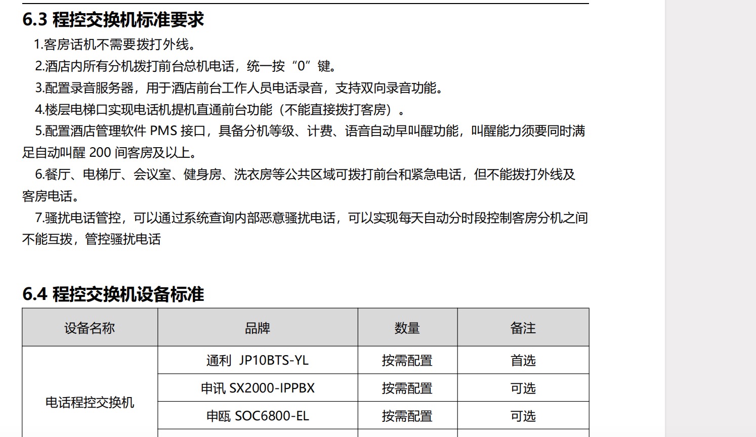 雅致酒店程控交换机标准要求